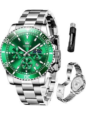 Men's Silver Green Stainless Steel Chronograph Analog Waterproof Luxury Watch